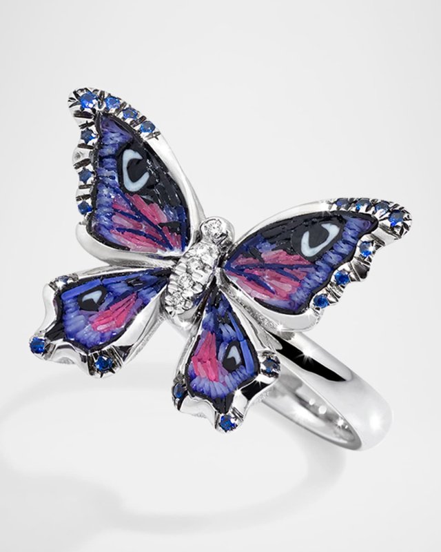 18K White Gold Nymphalia Purple Emperor Small Ring with Micro Mosaic, Diamonds and Blue Sapphires